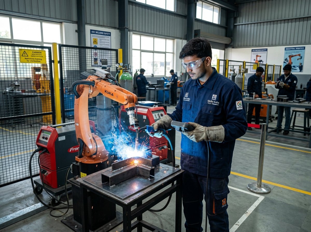 Technician student practicing advanced welding skilling in modern workshop